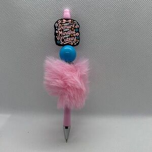 Handmade Focal Bead Pink and Blue Fluffy Pom-Pom Pen